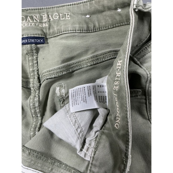 American Eagle Hi-Rise Jegging Olive Green Distressed Super Stretch Jeans Sze 12 - Picture 7 of 11